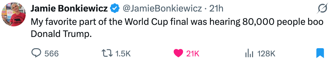 Tweet by Jamie Bonkiewicz: "My favorite part of the World Cup final was hearing 80,000 people boo Donald Trump." 21K likes, 15K retweets