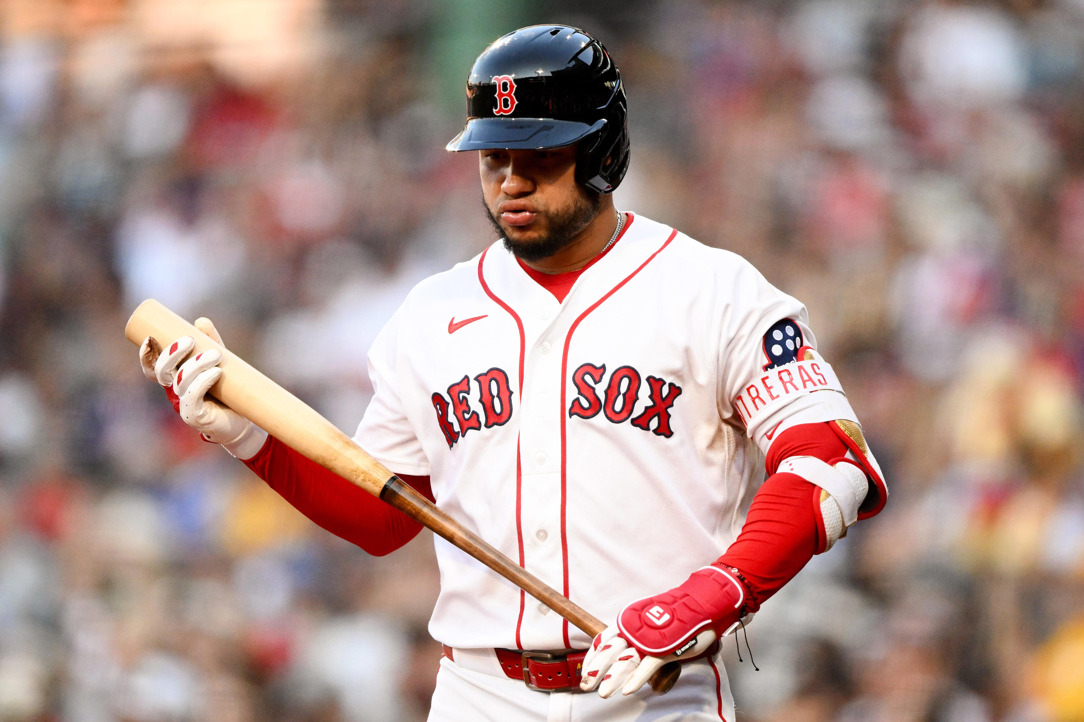 Jun 29, 2026; Boston, Massachusetts, USA; Boston Red Sox first baseman Willson Contreras (40) bats against the Washington Nationals during the first inning at Fenway Park. Mandatory Credit: Brian Fluharty-Imagn Images