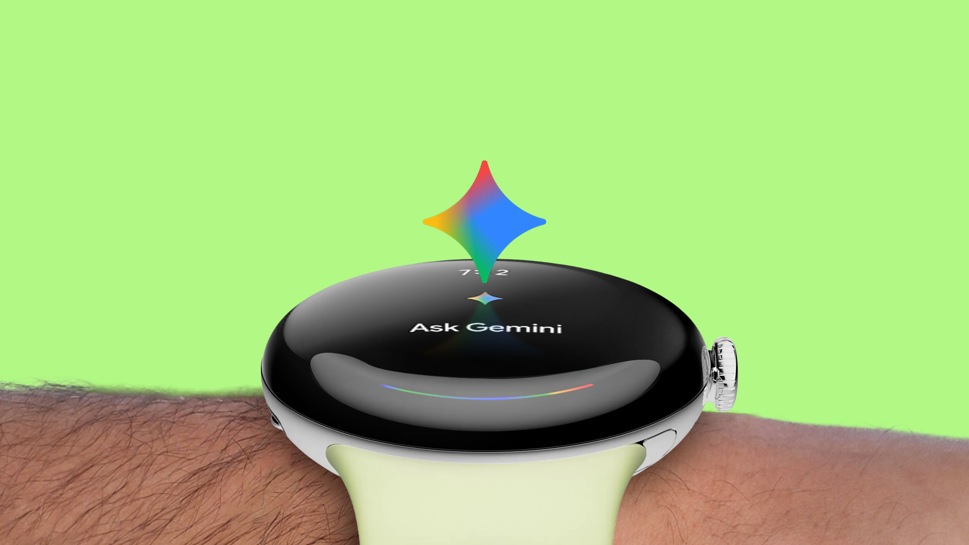 A Pixel Watch 4 on a wrist with the colorful Gemini sparkle icon floating above the screen as the watch displays 'Ask Gemini'