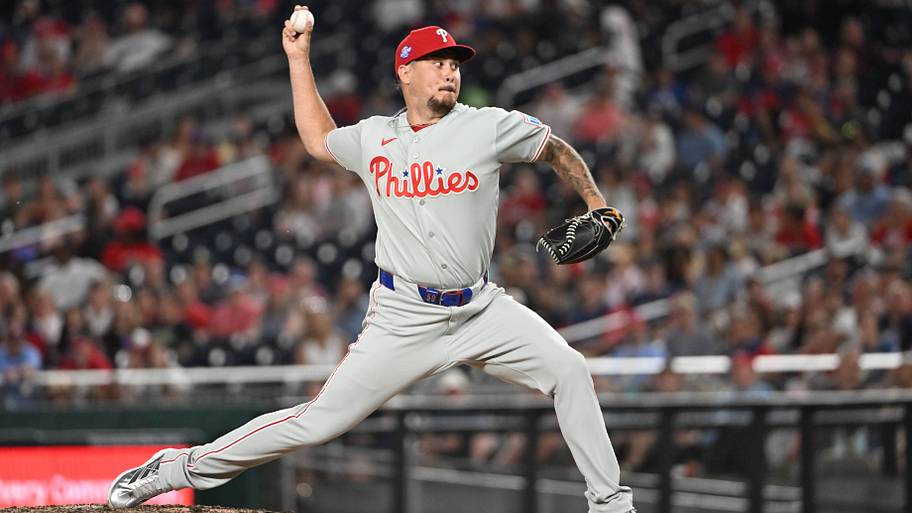 Philadelphia Phillies pitcher Orion Kerkering (50) throws to the Washington Nationals.