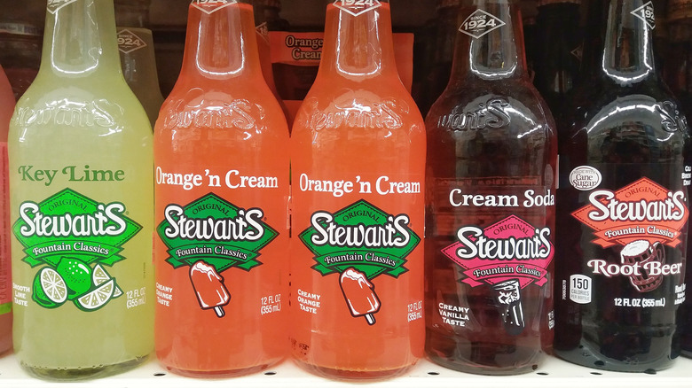 Varieties of Stewart's Key Lime, Orange 'n Cream, Cream Soda, and Root Beer next to one another