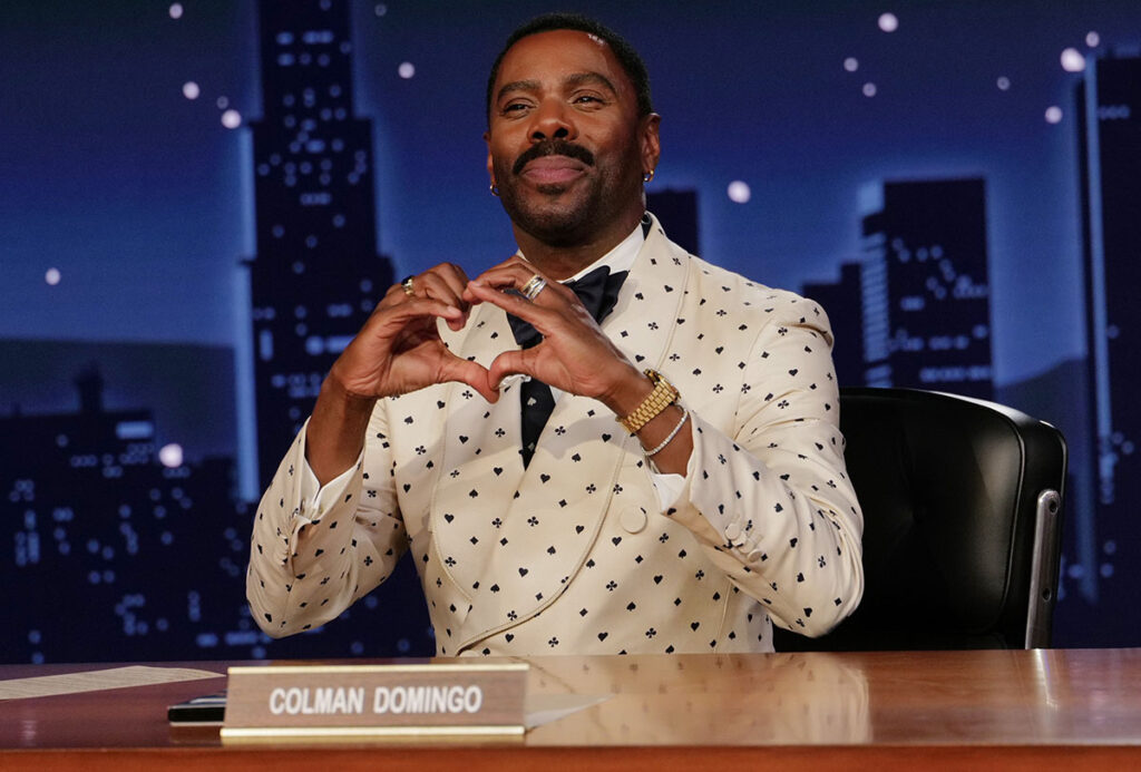 Colman Domingo opens Jimmy Kimmel Live! wearing a custom ivory dunhill ensemble.
