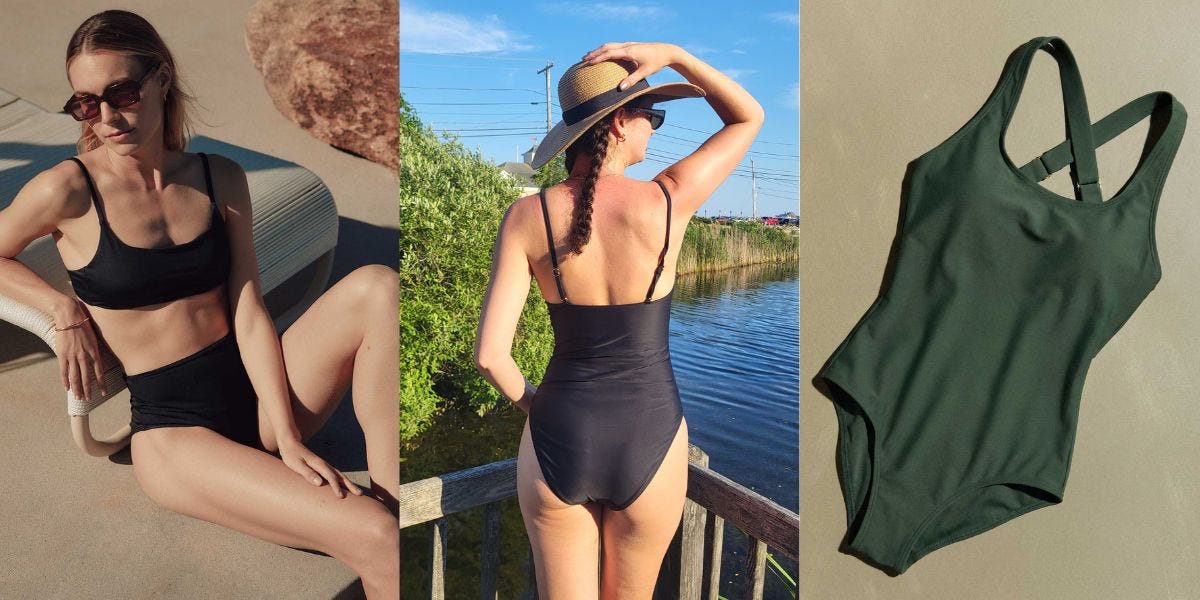 Collage showing swimwear looks, including black swimsuits on a person outdoors and a green one-piece on a neutral background.