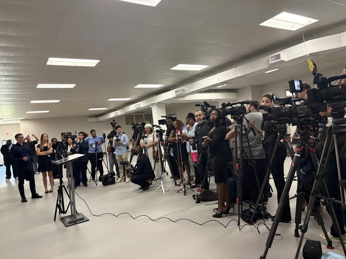 Members of the media, many of whom were from national news outlets, wait for a news conference held Monday after the funeral of Nolan Xavier Wells by nationally prominent attorney Ben Crump and his legal team.