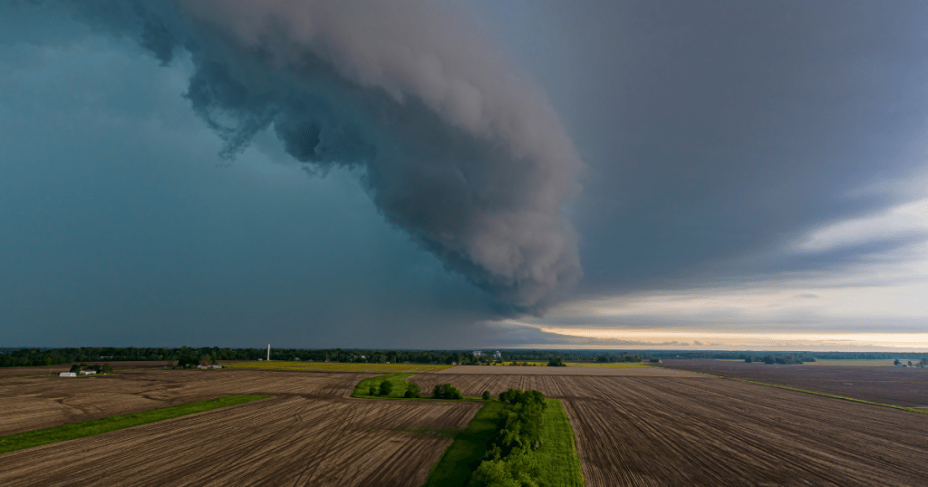 a shelf cloud approaches over a rural Marion County, Illinois farm area and countryside