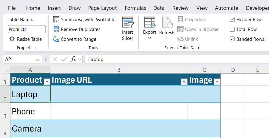An Excel table named Products