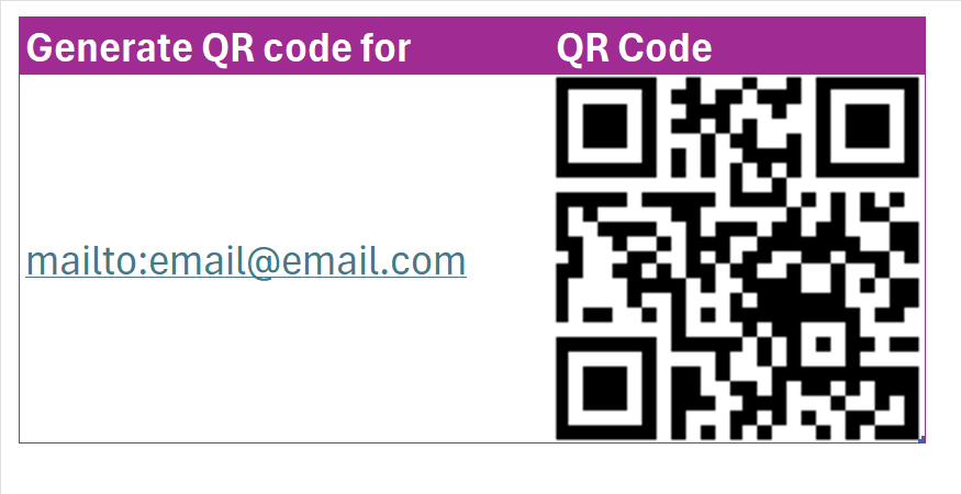 A QR code-generator in Microsoft Excel, with a 'mailto' link on the left and the resultant QR code on the right.
