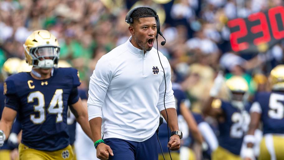 Marcus Freeman and Drayk Bowen during a 2025 Notre Dame win over Purdu