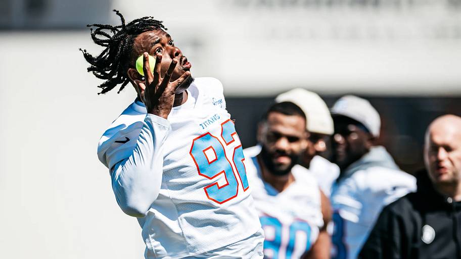 April 27, 2026; Nashville, Tennessee, USA; Defensive end Jaylen Harrell Williams [92] at Tennessee Titans OTAs