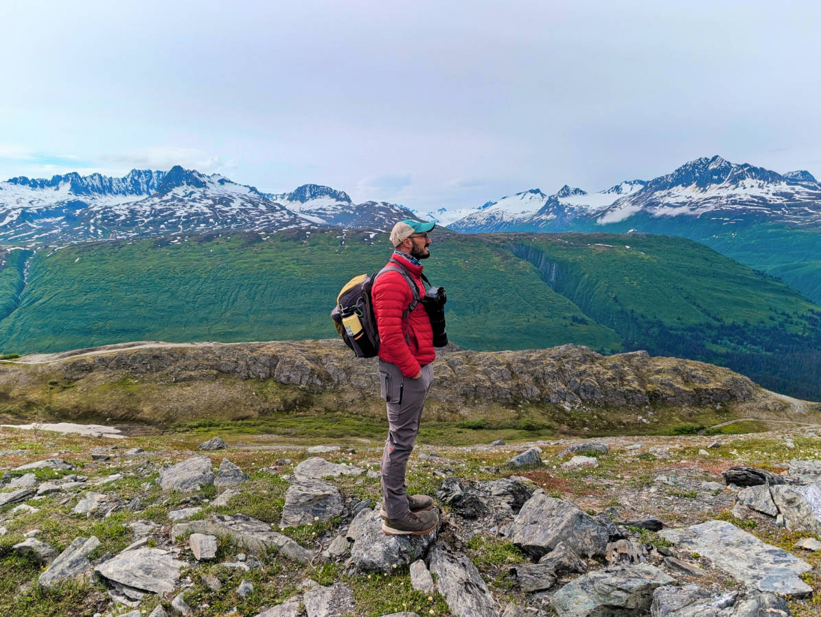 Author, photographer Rob Taylor hiking at Thompson Pass on the Richardson Highway outside Valdez, Alaska