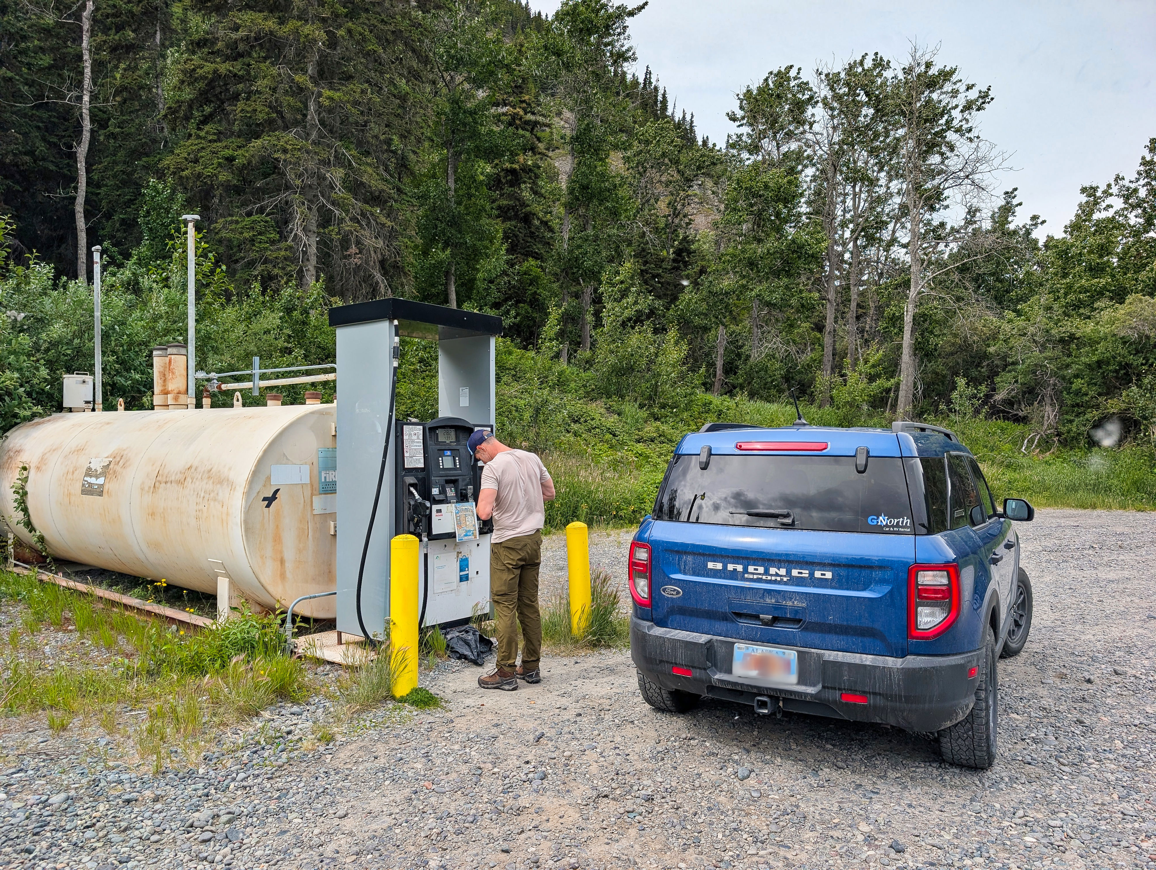 Fueling up GoNorth rental car at single pump gas station in Chitina, Alaska.