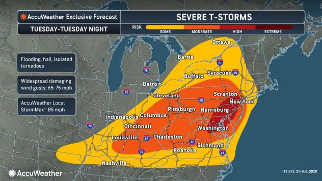 High risk of severe storms in eastern US with damaging winds, flooding downpours