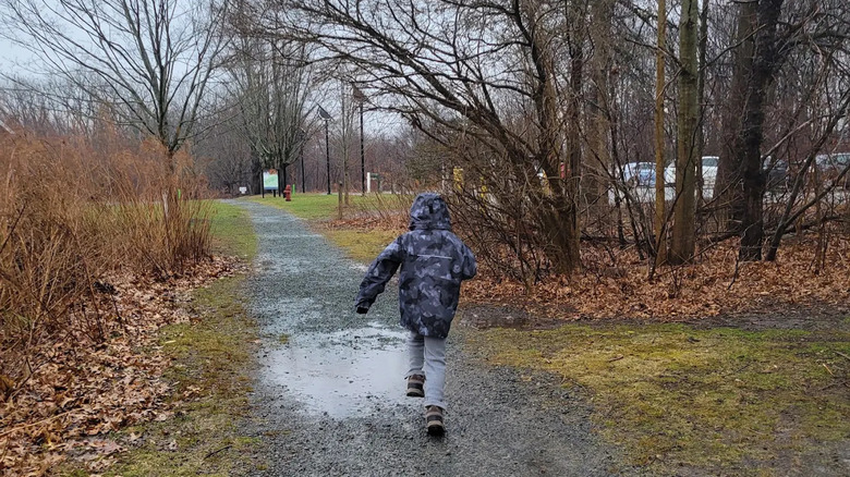 Child shown from behind skipping along path at Boston Nature Center