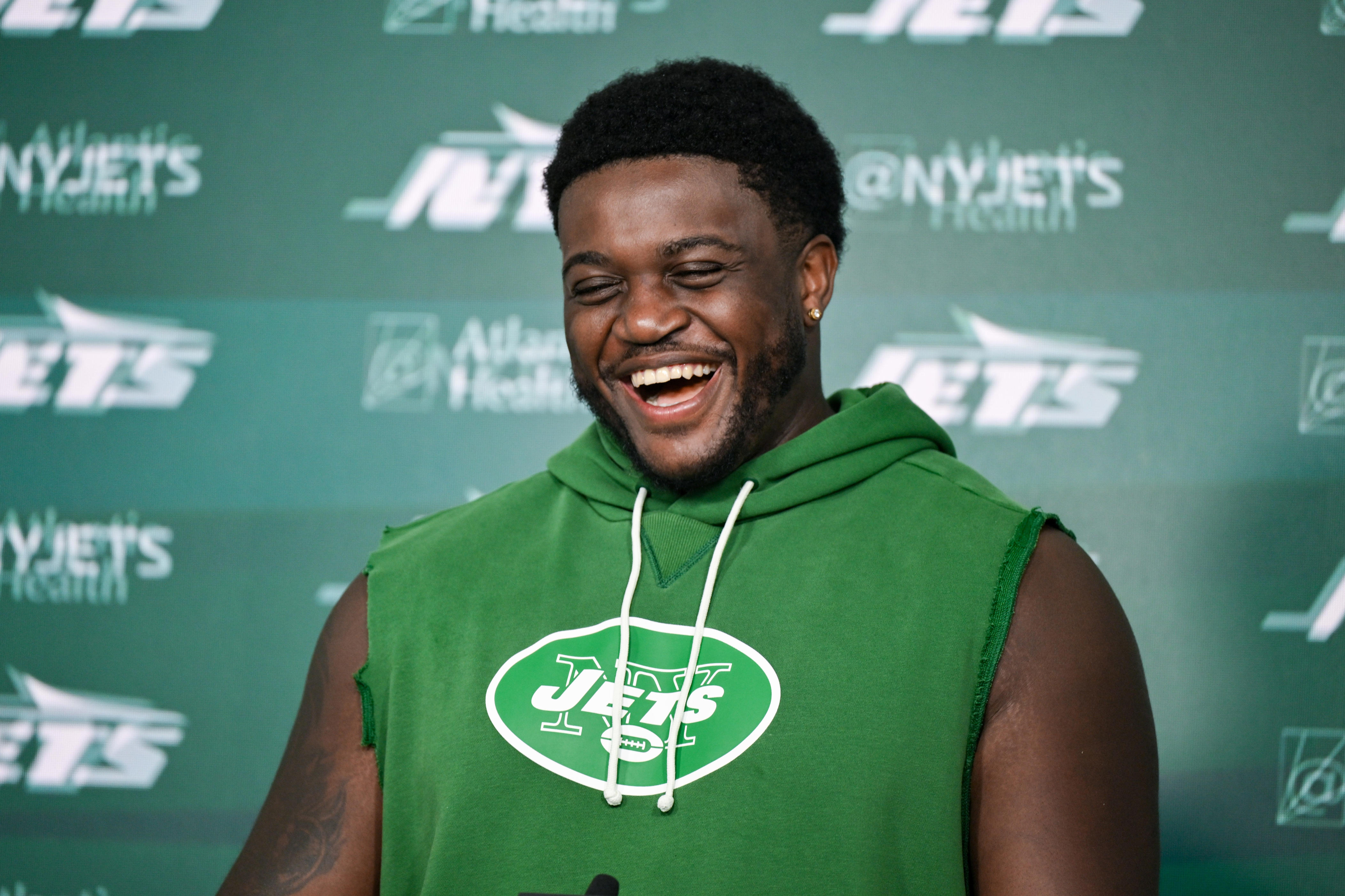 Jun 10, 2026; Florham Park, NY, USA; New York Jets offensive tackle Armand Membou (70) speaks at a press conference during minicamp at Atlantic Health Jets Training Center. Mandatory Credit: John Jones-Imagn Images