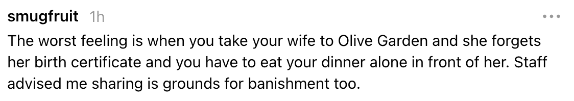 Social media post jokes about dining alone at Olive Garden after forgetting a birth certificate and being warned about sharing the story