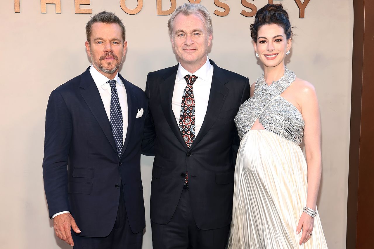 Matt Damon, Christopher Nolan, and Anne Hathaway at 'The Odyssey' premiere in New York in July 2026