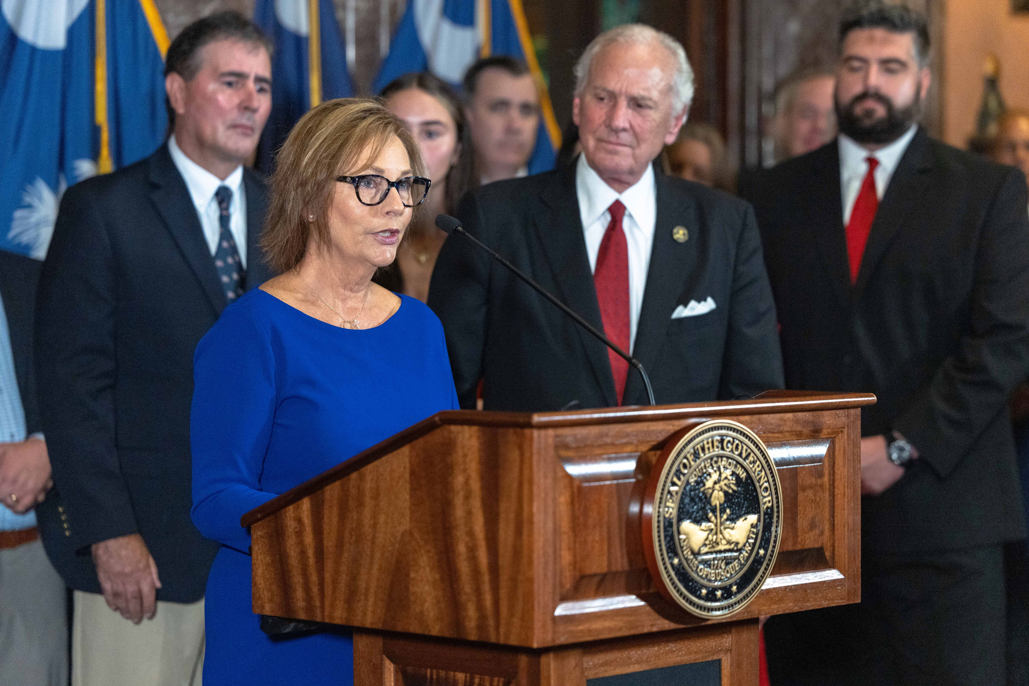 Darline Graham Nordone speaks at a press conference outside the Governor's South Carolina State House office on July 13, 2026. / Grant Baldwin / Grant Baldwin, Getty Images