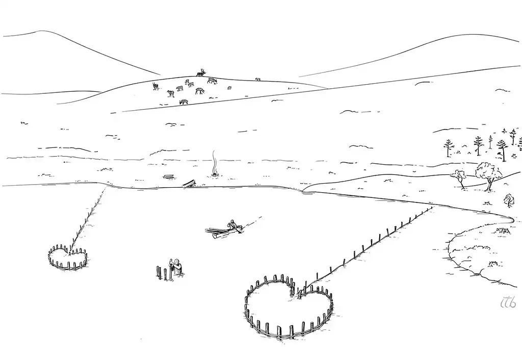 A reconstruction shows how the fish traps may have worked in shallow water, guiding trout into a catch chamber where people could collect them from a boat or while wading. Credit: Ingvild Tinglum Bøckman.