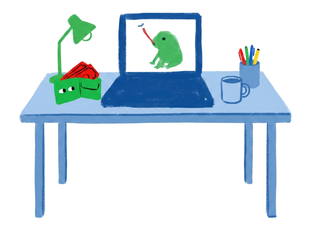 Illustration of a desk with a laptop displaying a green figure painting. Nearby, a lamp, open book, cup with pencils, and coffee mug are visible