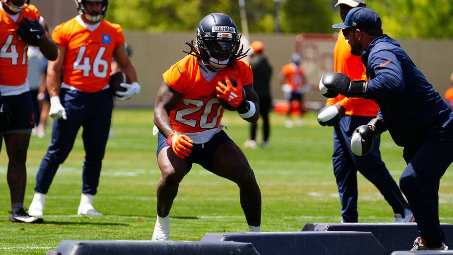 Jun 16, 2026; Englewood, CO, USA; Denver Broncos running back Jonah Coleman (20) during mini camp at Broncos Park. Mandatory