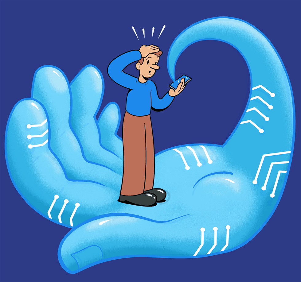 Worried person on phone standing in a giant tech-themed digital hand.