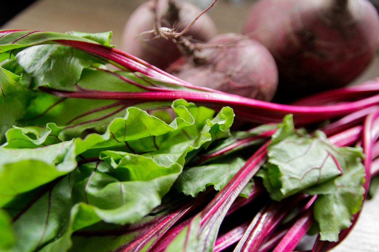 Closeup of fresh beets with leaves