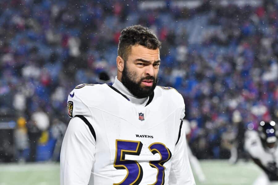 Jan 19, 2025; Orchard Park, New York, USA; Baltimore Ravens linebacker Kyle Van Noy (53) looks on during the first quarter against the Buffalo Bills in a 2025 AFC divisional round game at Highmark Stadium. Mandatory Credit: Mark Konezny-Imagn Images