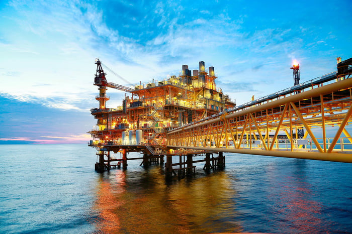 Offshore oil and gas platform with lit structures and long yellow bridge over calm sea at sunset