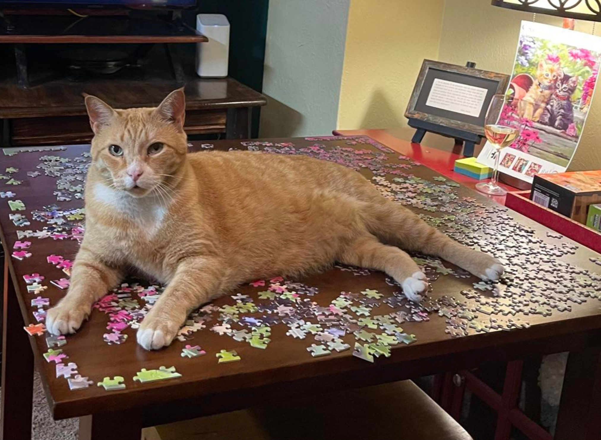 Cat lounging on a table covered with a partially completed jigsaw puzzle