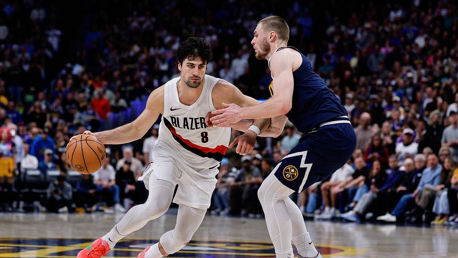 Portland Trail Blazers forward Deni Avdija (8) controls the ball as Denver Nuggets guard Christian Braun (0)
