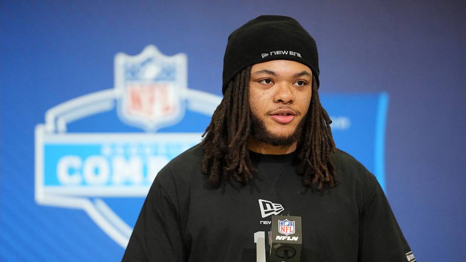 Feb 25, 2026; Indianapolis, IN, USA; Buffalo linebacker Red Murdock (LB17) speaks during the NFL Scouting Combine at the Indi