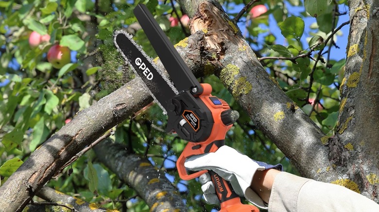 Person cutting a tree limb with a mini chainsaw