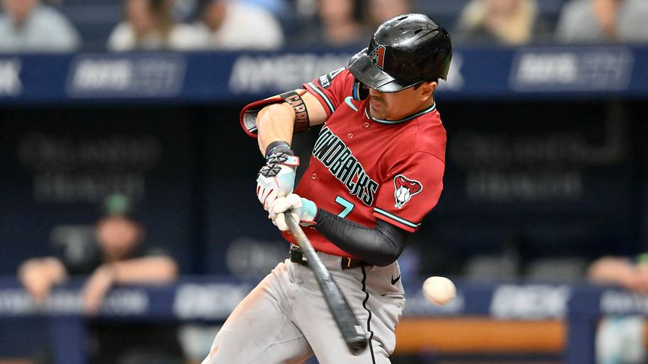 Jun 27, 2026; St. Petersburg, Florida, USA; Arizona Diamondbacks outfielder Corbin Carroll (7) swings at the bat