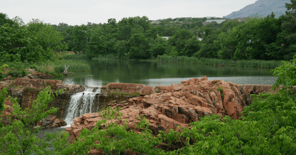 Bath Lake and its waterfall near Medicine Park, Oklahoma