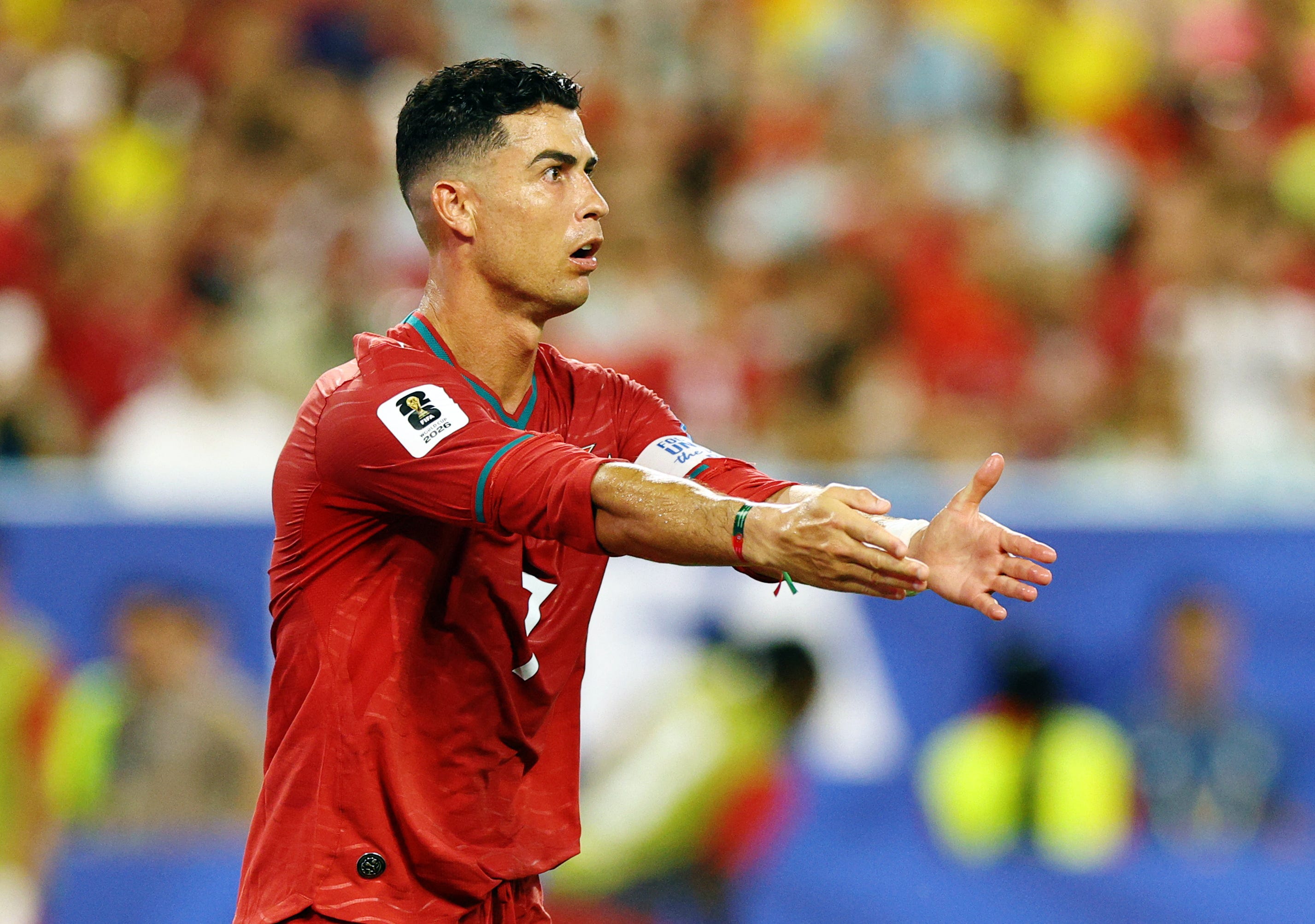 June 27, 2026; Miami Gardens, Florida, U.S.; Portugal's Cristiano Ronaldo reacts. Mandatory Credit: Nathan Ray Seebeck-Imagn Images