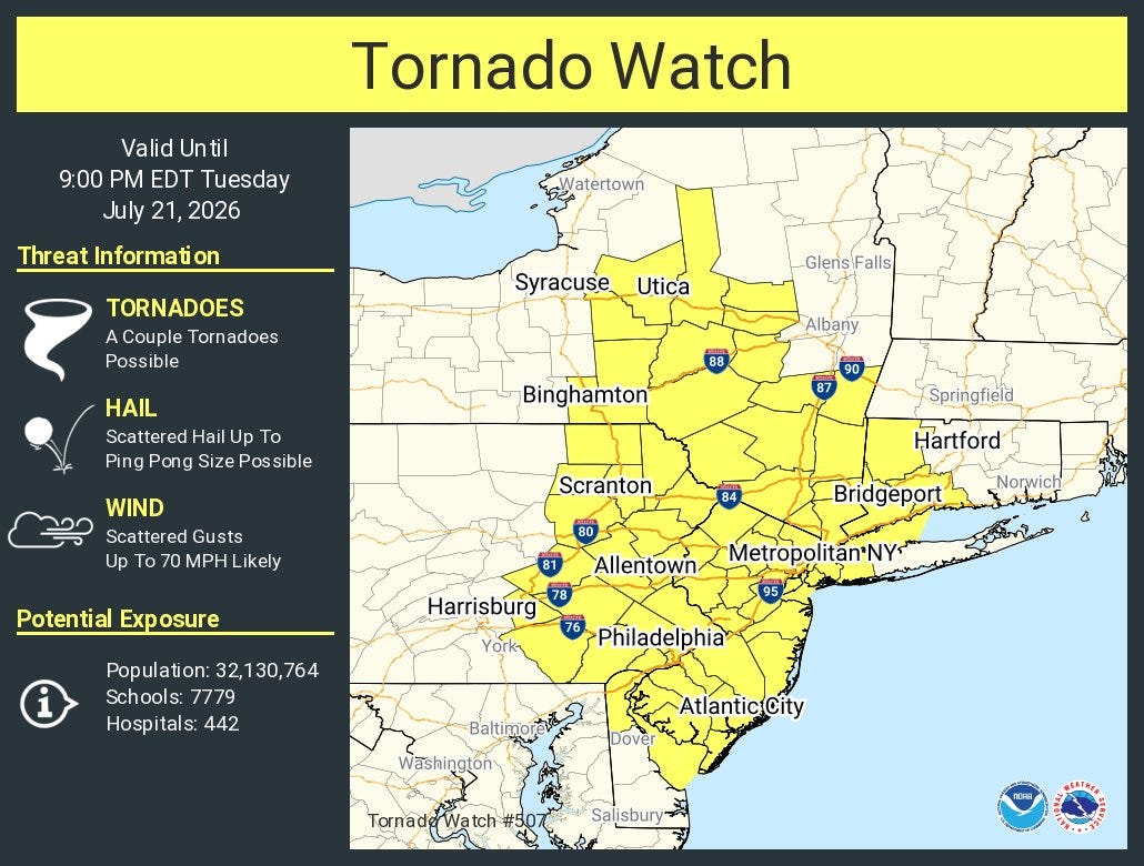 Tornado warning issued for parts of Bergen, Passaic, Morris counties