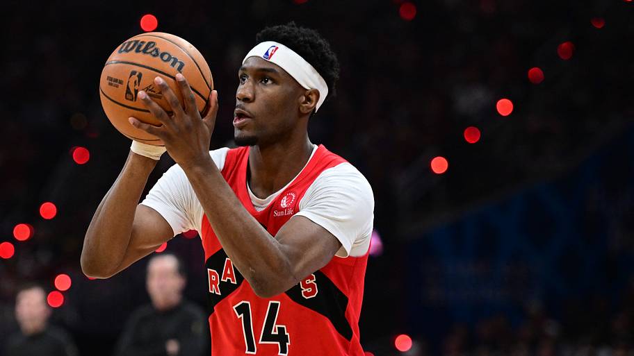 Apr 20, 2026; Cleveland, Ohio, USA; Toronto Raptors guard Ja'kobe Walter (14) shoots a three point basket.