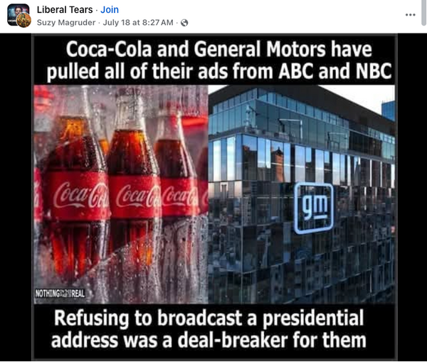 Did Coca-Cola, GM pull ads from ABC, NBC for 'refusing to air' Trump's primetime speech?