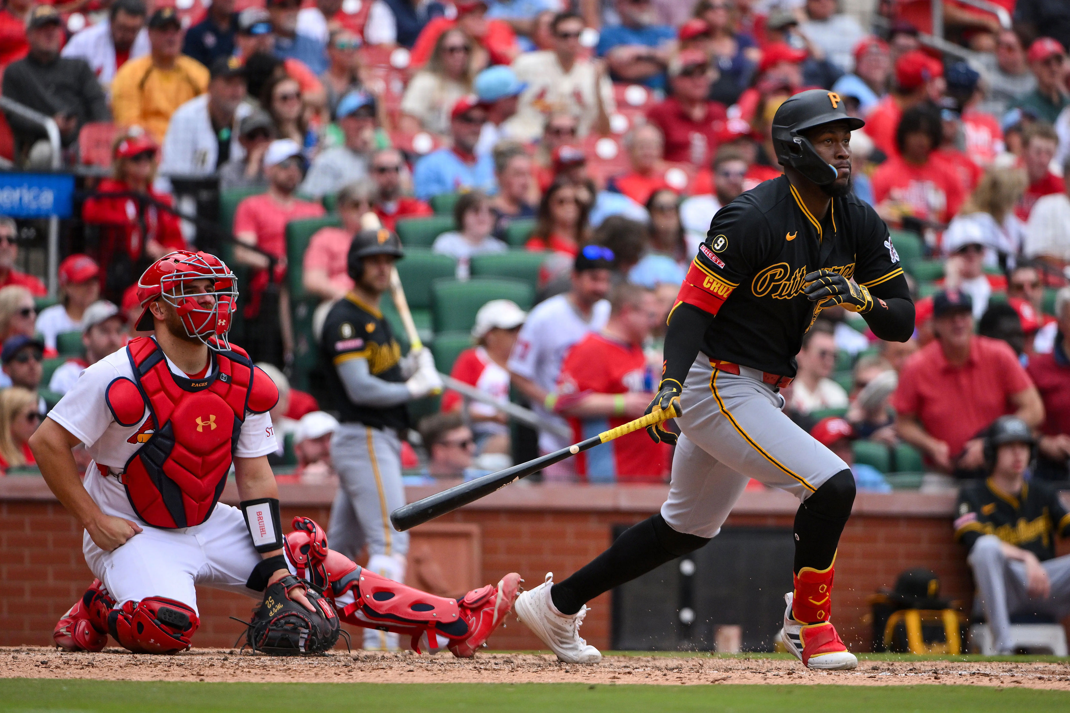 May 21, 2026; St. Louis, Missouri, USA; Pittsburgh Pirates center fielder Oneil Cruz (15) hits a double against the St. Louis Cardinals during the seventh inning at Busch Stadium. Mandatory Credit: Jeff Curry-Imagn Images