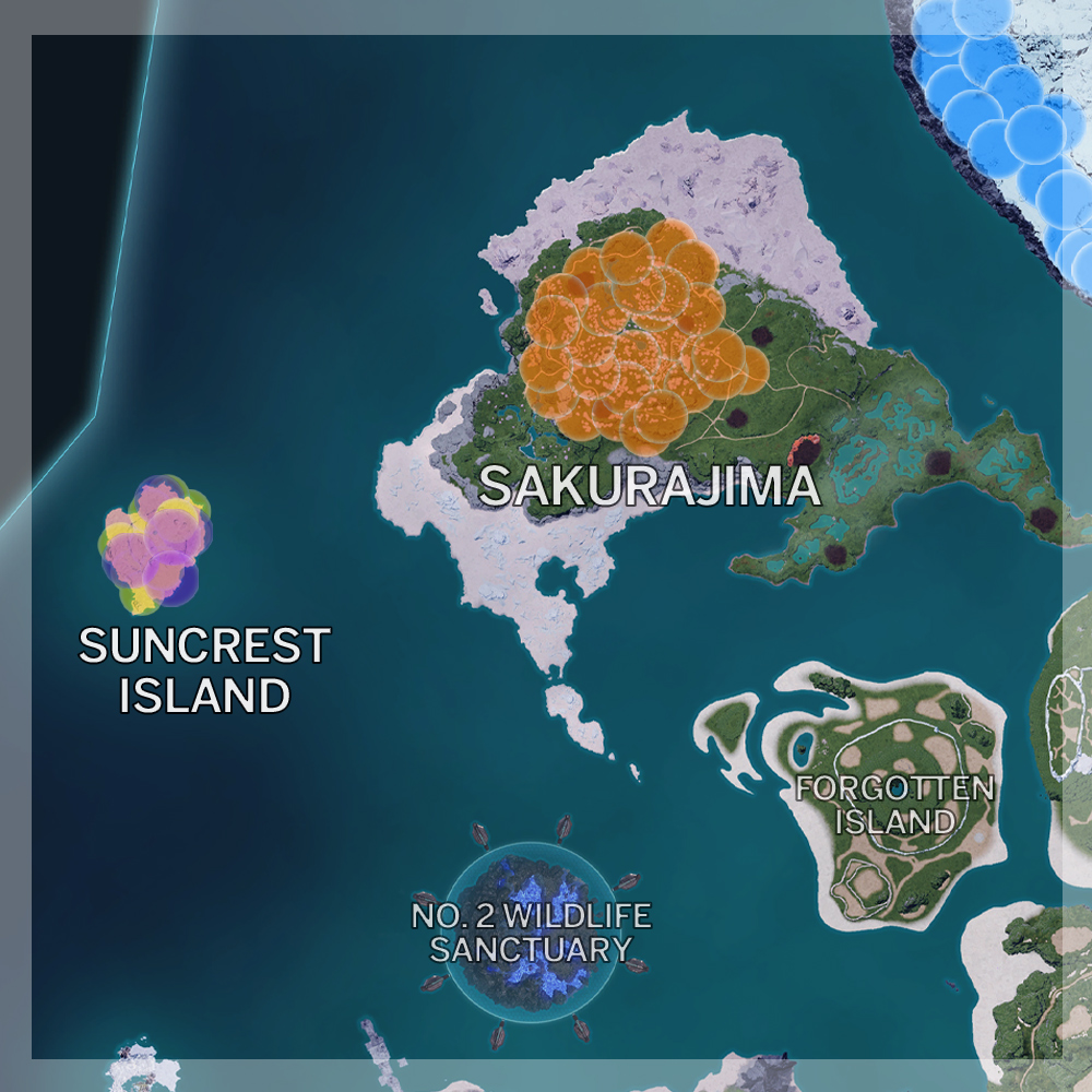 Palworld - Map of Sakurajima and Suncrest Island showing where to find new pals