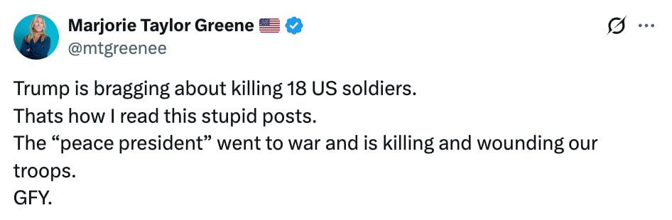 Greene referenced Trump’s efforts to brand himself the “peace president” as he lobbied for a Nobel Peace Prize last year. / Marjorie Taylor Greene/X