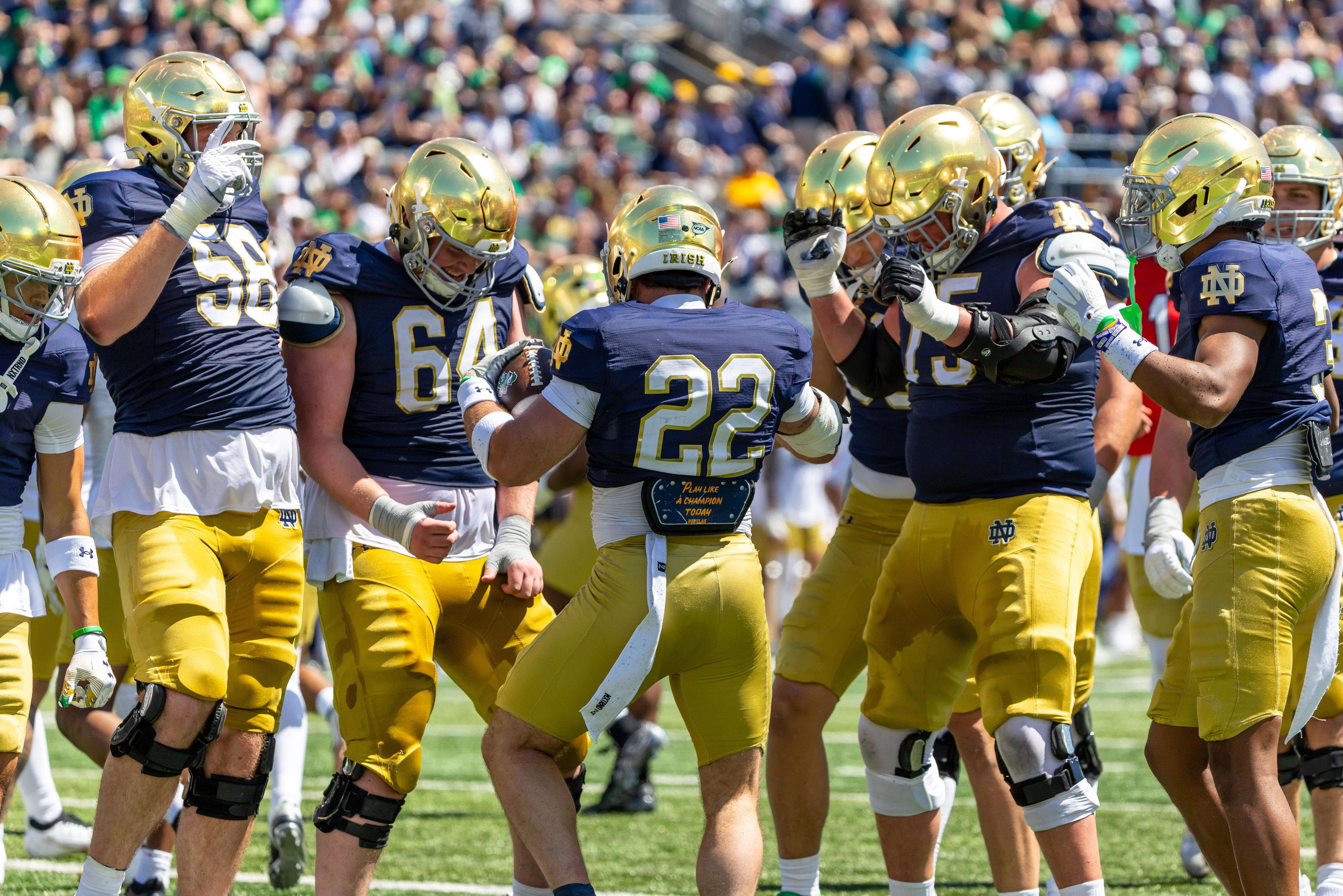 Apr 25, 2026; Notre Dame, IN, USA; Notre Dame Fighting Irish running back Aneyas Williams (22) celebrates scoring during the Blue-Gold game at Notre Dame Stadium. Mandatory Credit: Michael Caterina-Imagn Images