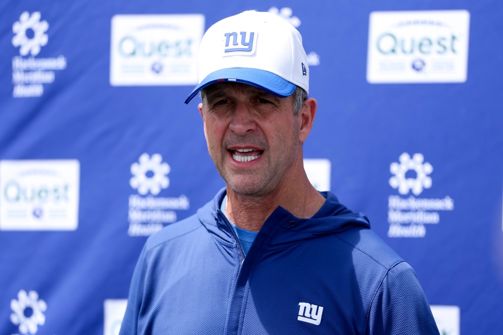 New York Giants head coach John Harbaugh speaks to reporters at Mandatory Minicamp
