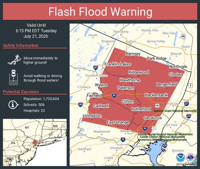 Tornado warning issued for parts of Bergen, Passaic, Morris, Essex