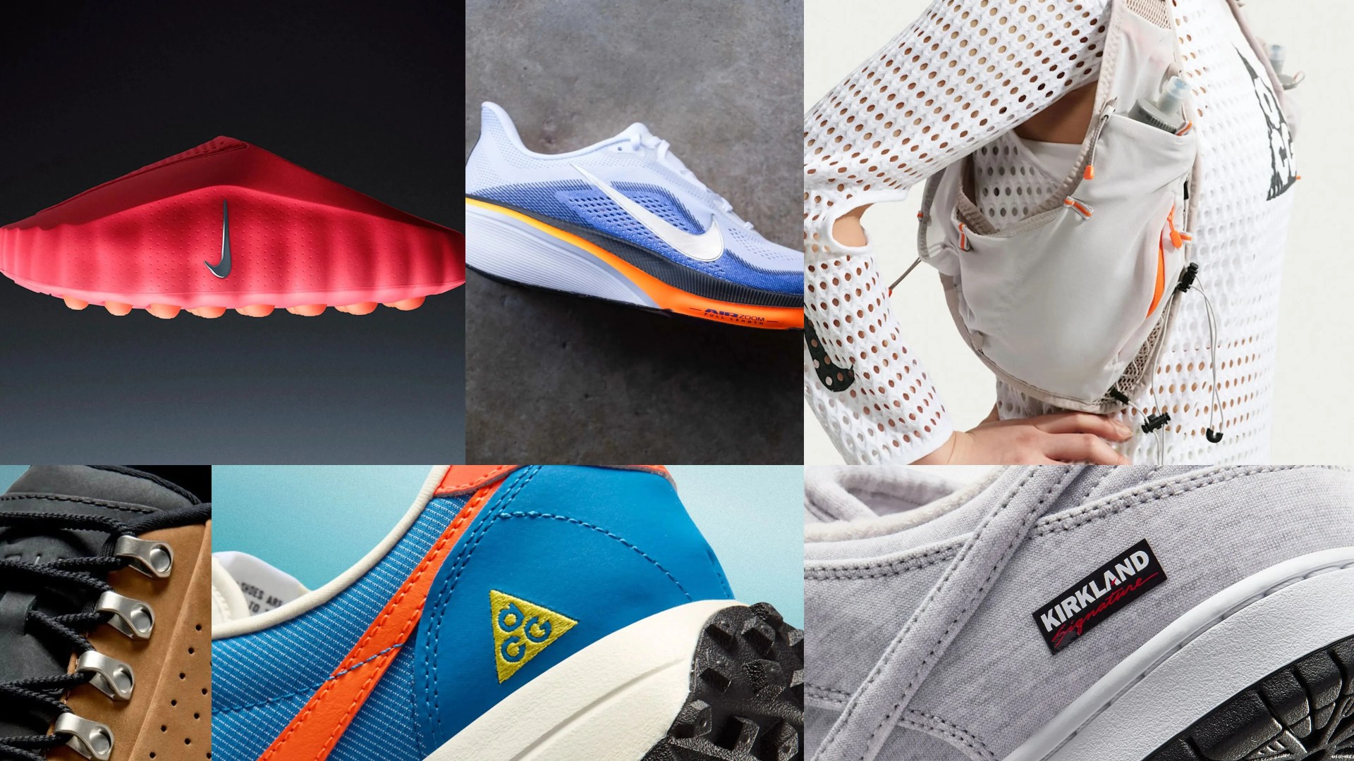 Collage of six images showing various Nike and Kirkland sneakers and a person wearing a white mesh hydration vest with water bottles.