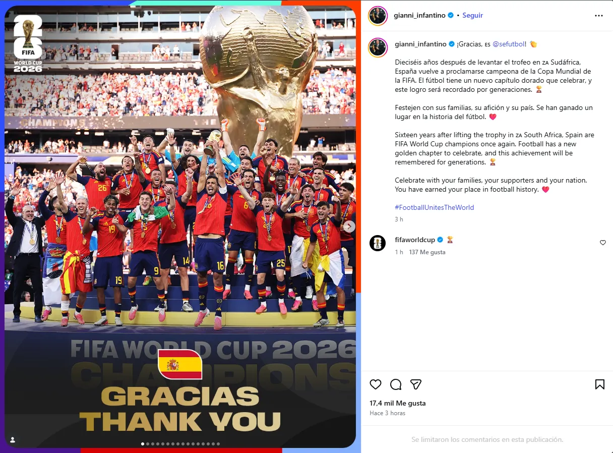 FIFA president Gianni Infantino congratulates Spain, Argentina after their 2026 World Cup campaigns