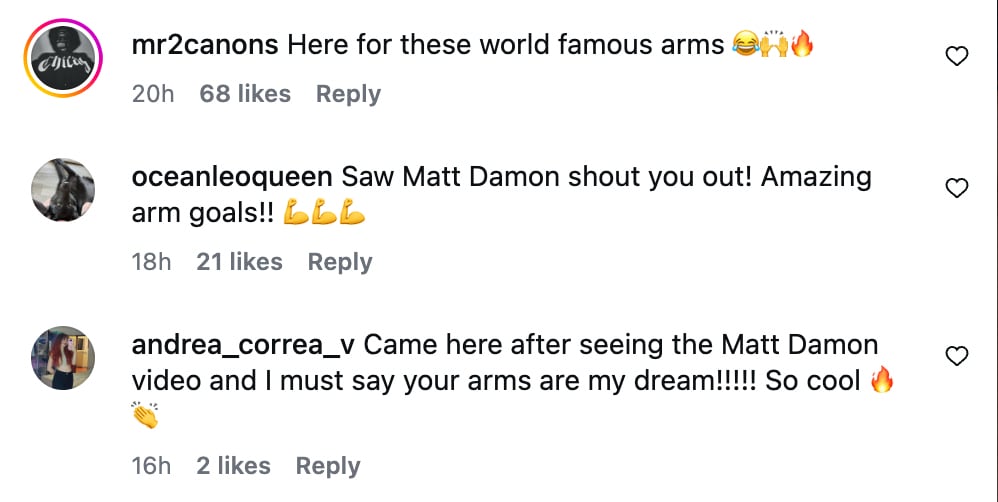 Fans express their love for body double Devyn Dalton’s biceps in an Instagram post following her appearance in 'The Odyssey.' / Instagram/ Devyn Dalton