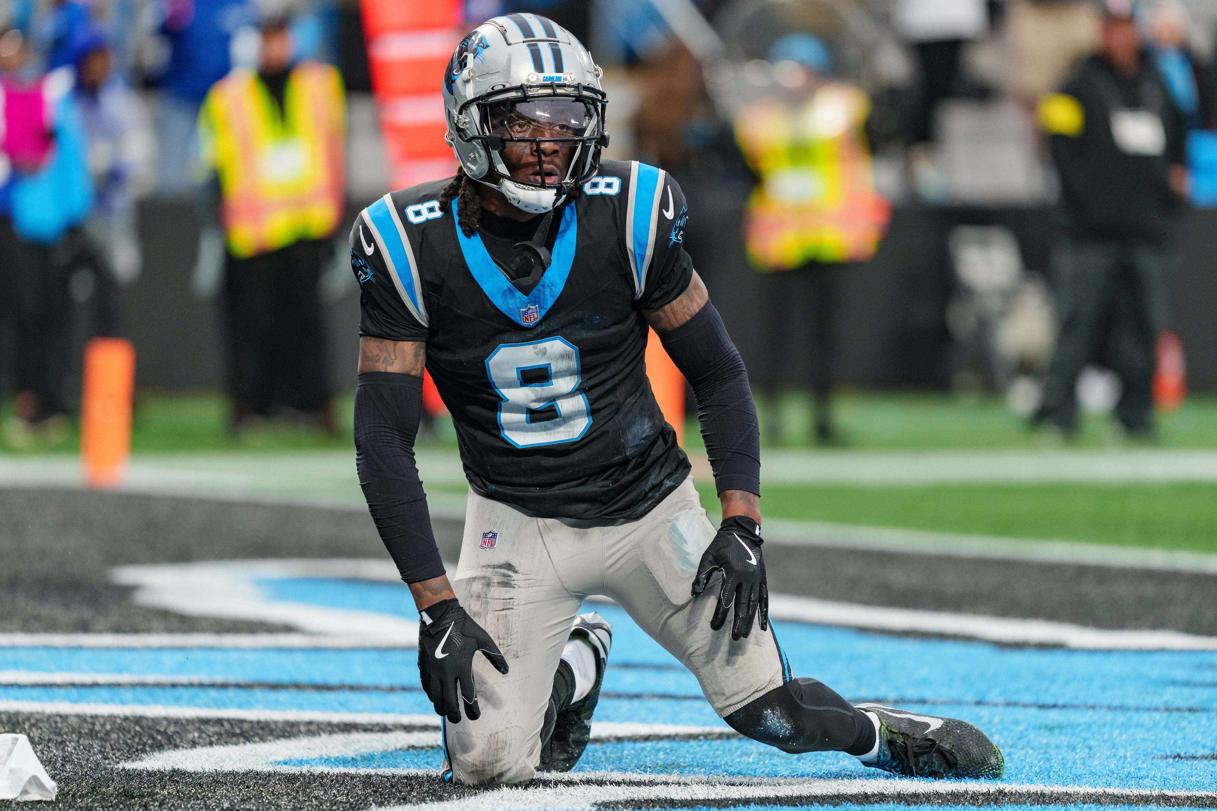 FILE - Carolina Panthers cornerback Jaycee Horn (8) looks on during an NFL football game between the Carolina Panthers and the Seattle Seahawks on Sunday, Dec. 28, 2025, in Charlotte, N.C. (AP Photo/Jacob Kupferman, File)