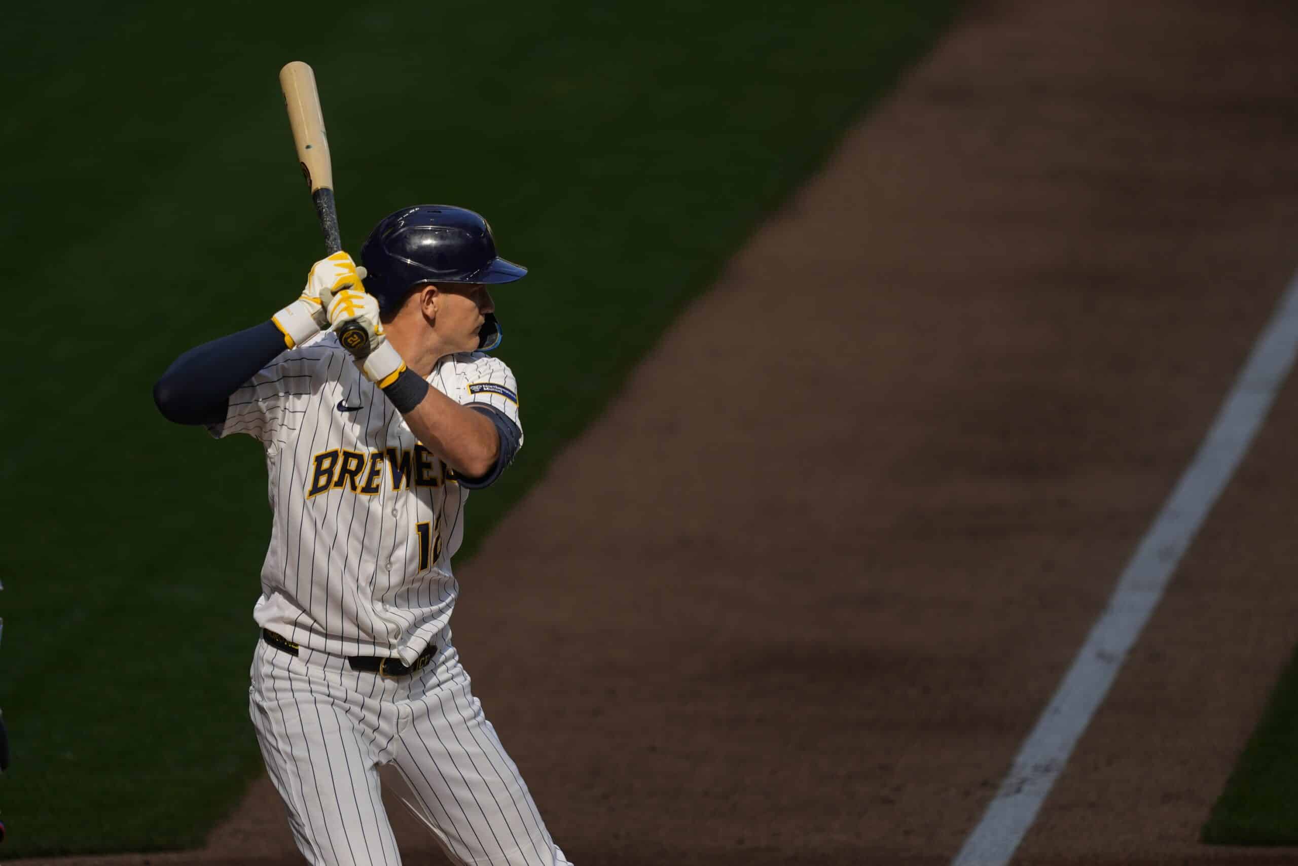 Jul 18, 2026; Milwaukee, Wisconsin, USA; Milwaukee shortstop Pratt (12) bats during the game against the Miami Marlins at American Family Field. Mandatory Credit: Jeff Hanisch-Imagn Images