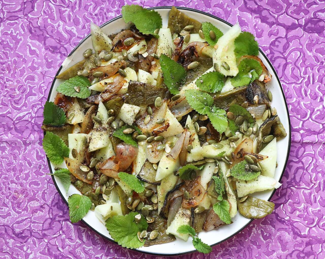 Anita Jaisinghani's melon salad gets a boost from roasted shallots and fresh nopales